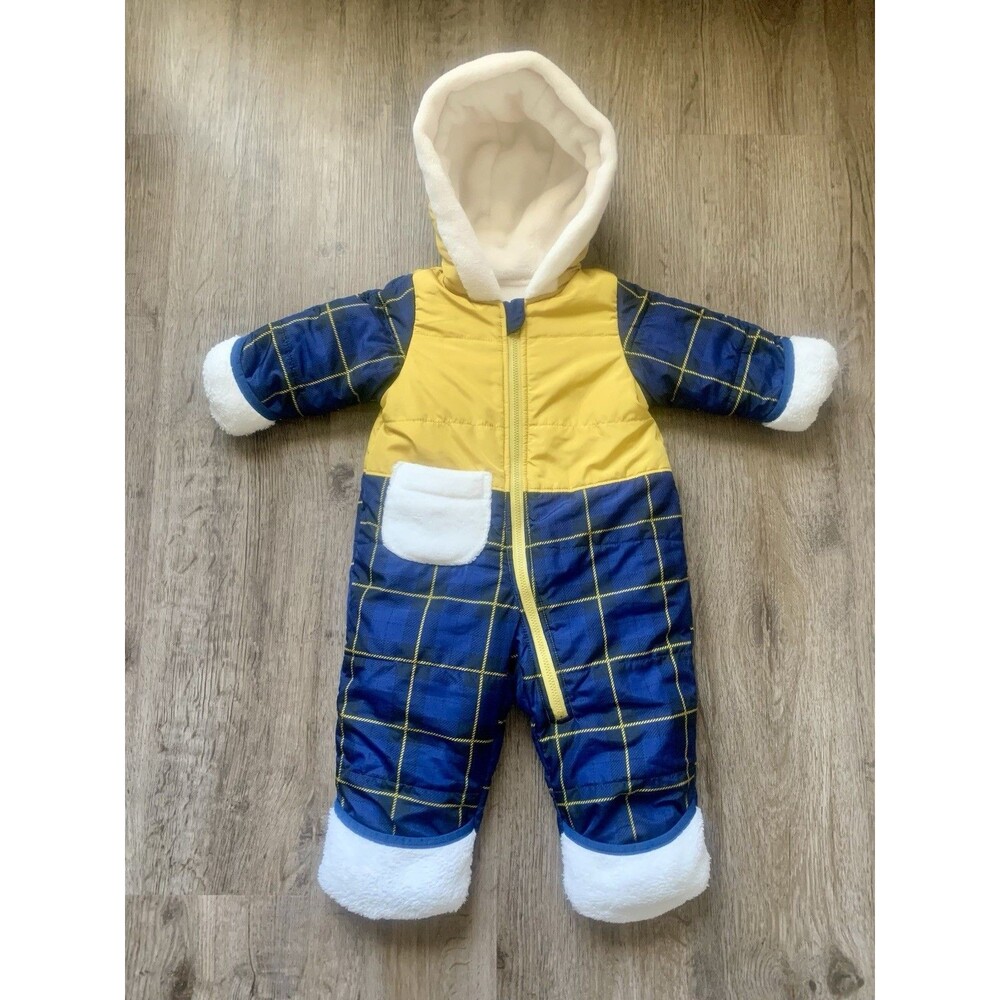 Baby Toddler Plaid Puffer Snowsuit Yellow Blue Fleece Lined Zip Size 70 6-9 mo